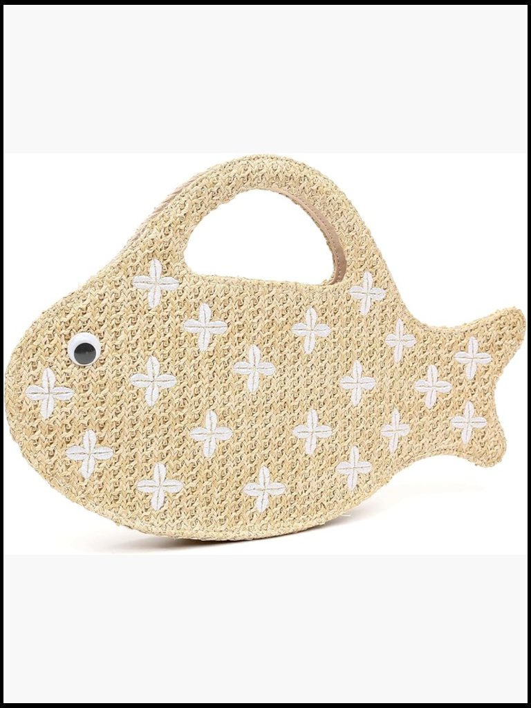 Fish Shaped Straw Woven Purse For Women Summer Beach Raffia Clutch Handbag Tote